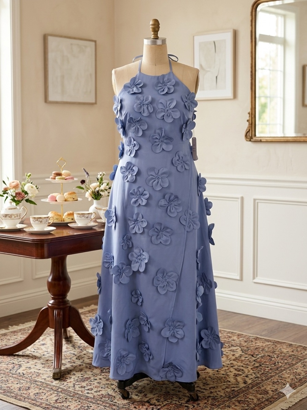 Wear Your Love 3D Floral Applique Halter Maxi Dress Gown Dusty Blue 20W NWT